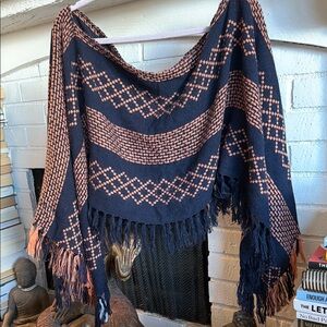 Free People Navy and Orange woven Poncho/Shawl